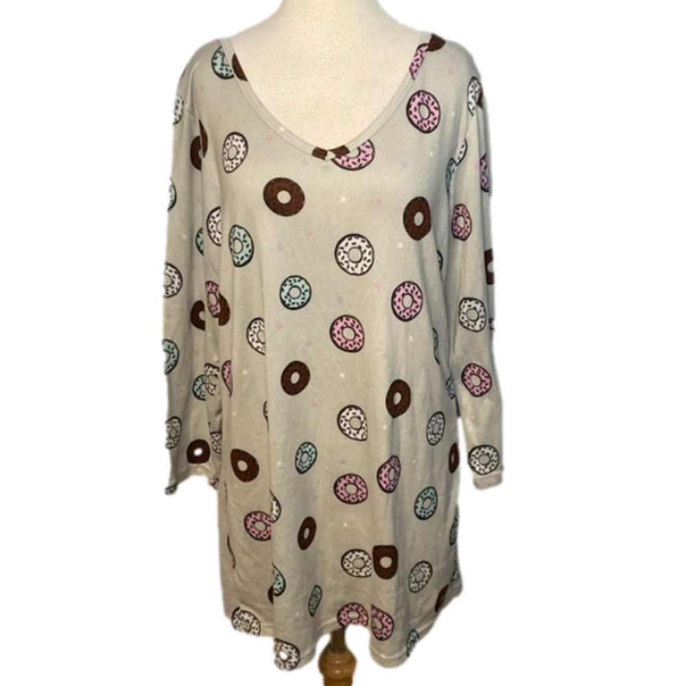 Mentally Exhausted Long Sleeve Nightshirt Donut Print Blue Gray 1X